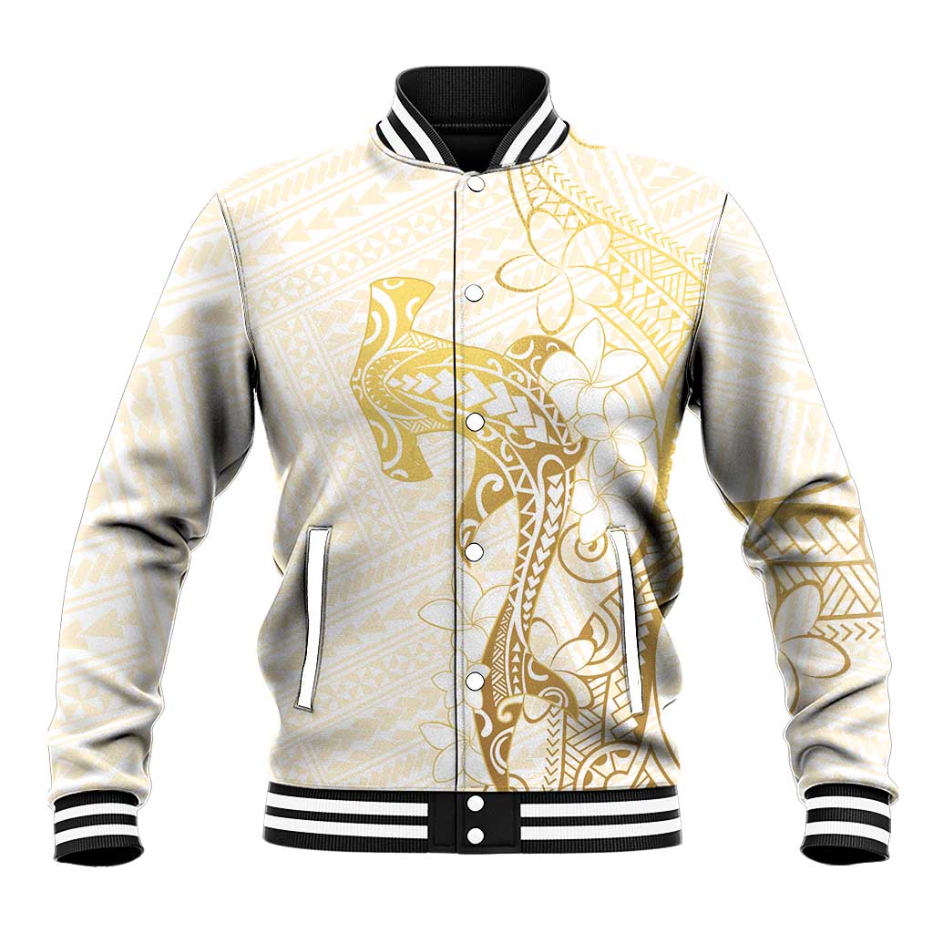 Gold and White Hawaii Baseball Jacket Hammerhead Shark Tattoo Curve Polynesian LT14 Unisex White - Polynesian Pride