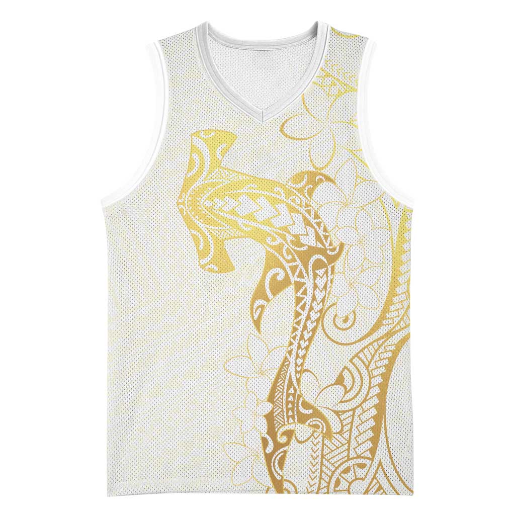 Gold and White Hawaii Basketball Jersey Hammerhead Shark Tattoo Curve Polynesian LT14 Unisex White - Polynesian Pride