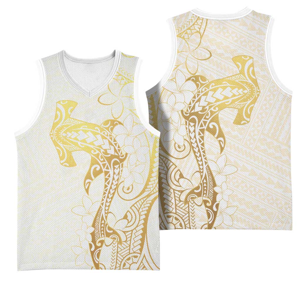 Gold and White Hawaii Basketball Jersey Hammerhead Shark Tattoo Curve Polynesian LT14 - Polynesian Pride