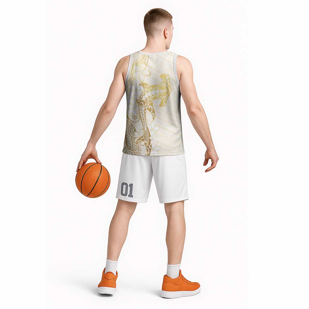 Gold and White Hawaii Basketball Jersey Hammerhead Shark Tattoo Curve Polynesian LT14 - Polynesian Pride