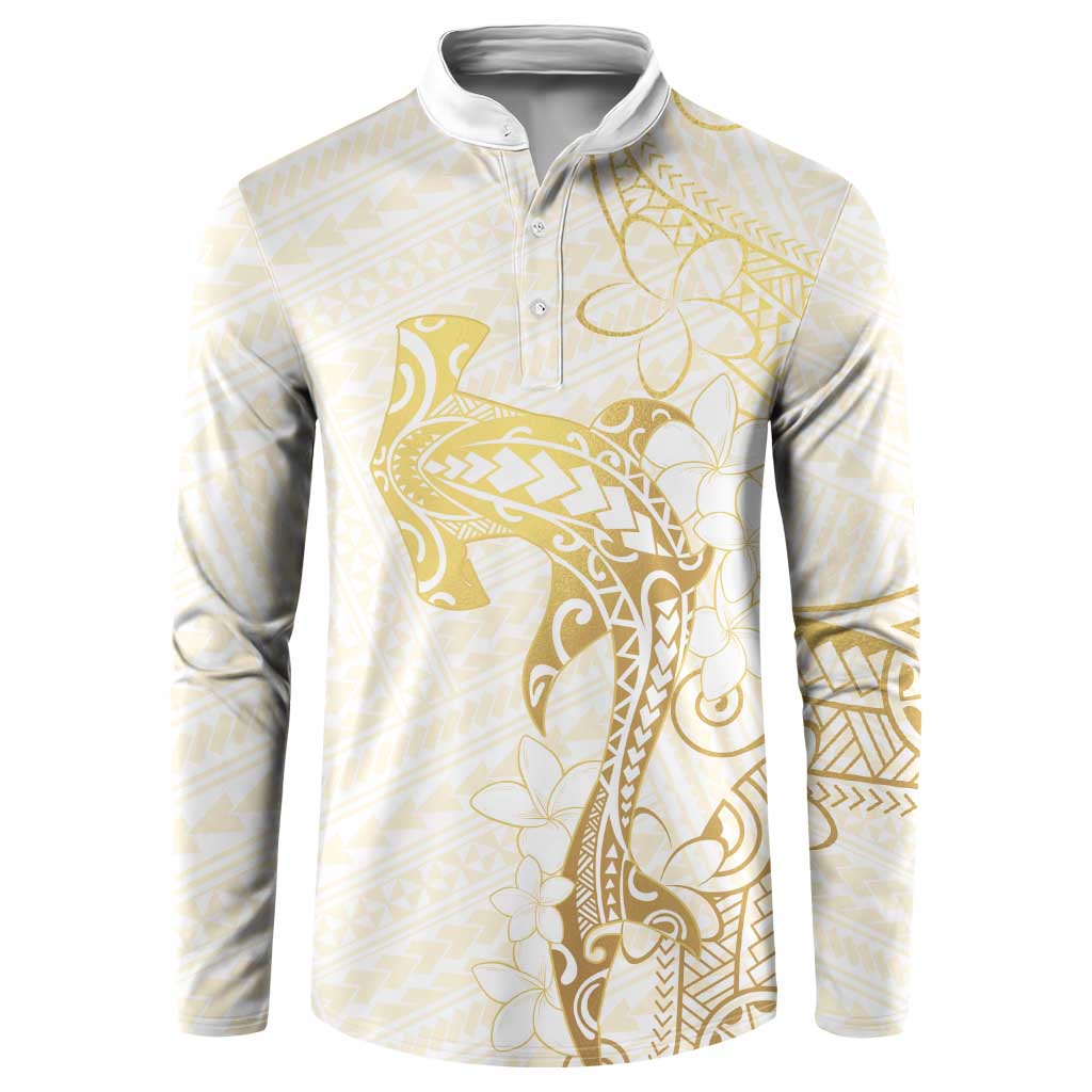 Gold and White Hawaii Button Sweatshirt Hammerhead Shark Tattoo Curve Polynesian LT14 White - Polynesian Pride