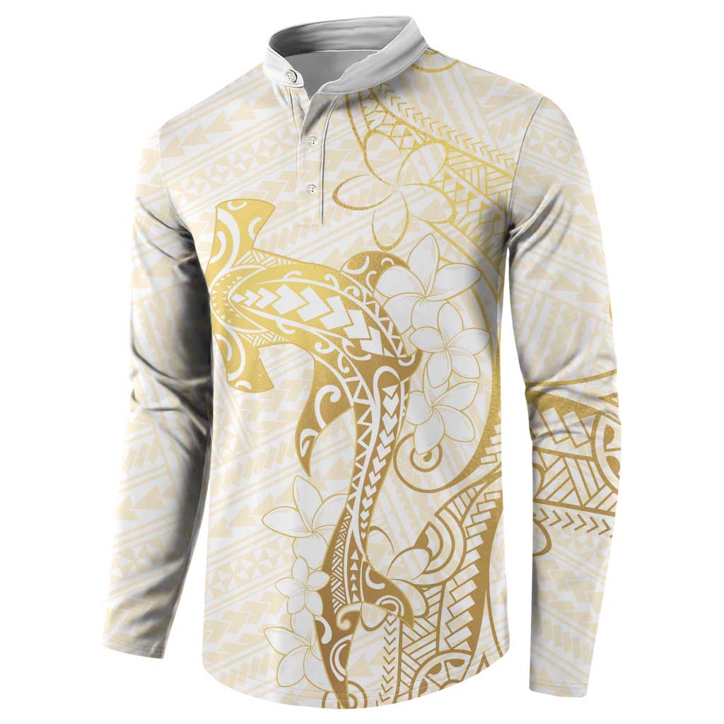 Gold and White Hawaii Button Sweatshirt Hammerhead Shark Tattoo Curve Polynesian LT14 - Polynesian Pride