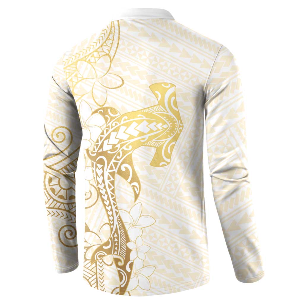 Gold and White Hawaii Button Sweatshirt Hammerhead Shark Tattoo Curve Polynesian LT14 - Polynesian Pride