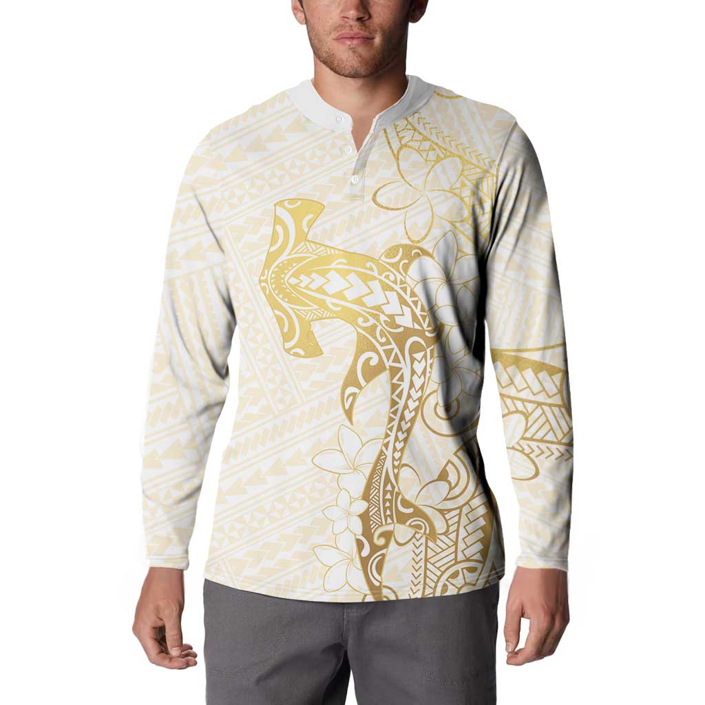 Gold and White Hawaii Button Sweatshirt Hammerhead Shark Tattoo Curve Polynesian LT14 - Polynesian Pride