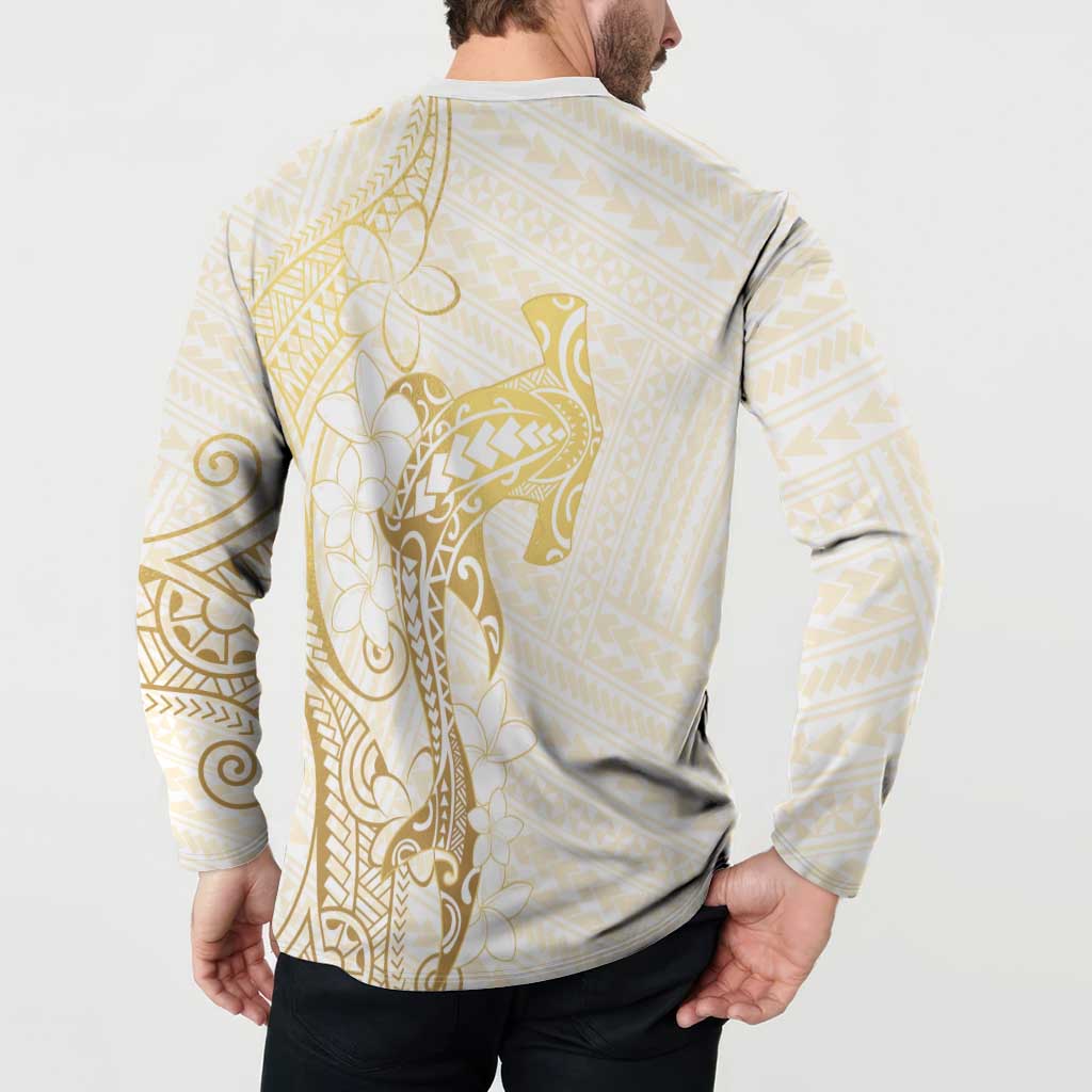 Gold and White Hawaii Button Sweatshirt Hammerhead Shark Tattoo Curve Polynesian LT14 - Polynesian Pride