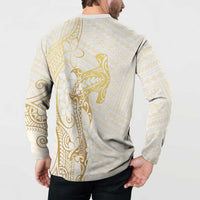 Gold and White Hawaii Button Sweatshirt Hammerhead Shark Tattoo Curve Polynesian LT14 - Polynesian Pride