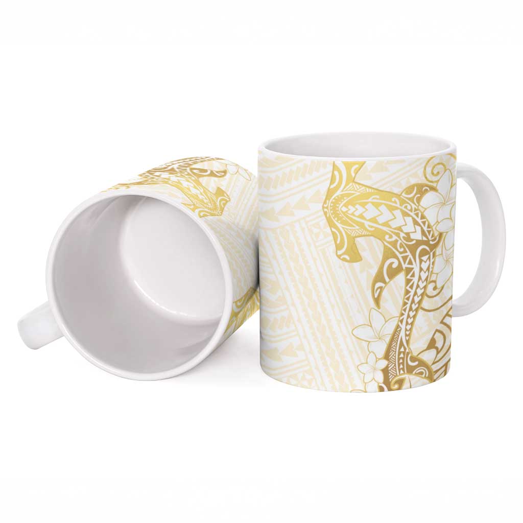 Gold and White Hawaii Ceramic Mug Hammerhead Shark Tattoo Curve Polynesian - Polynesian Pride
