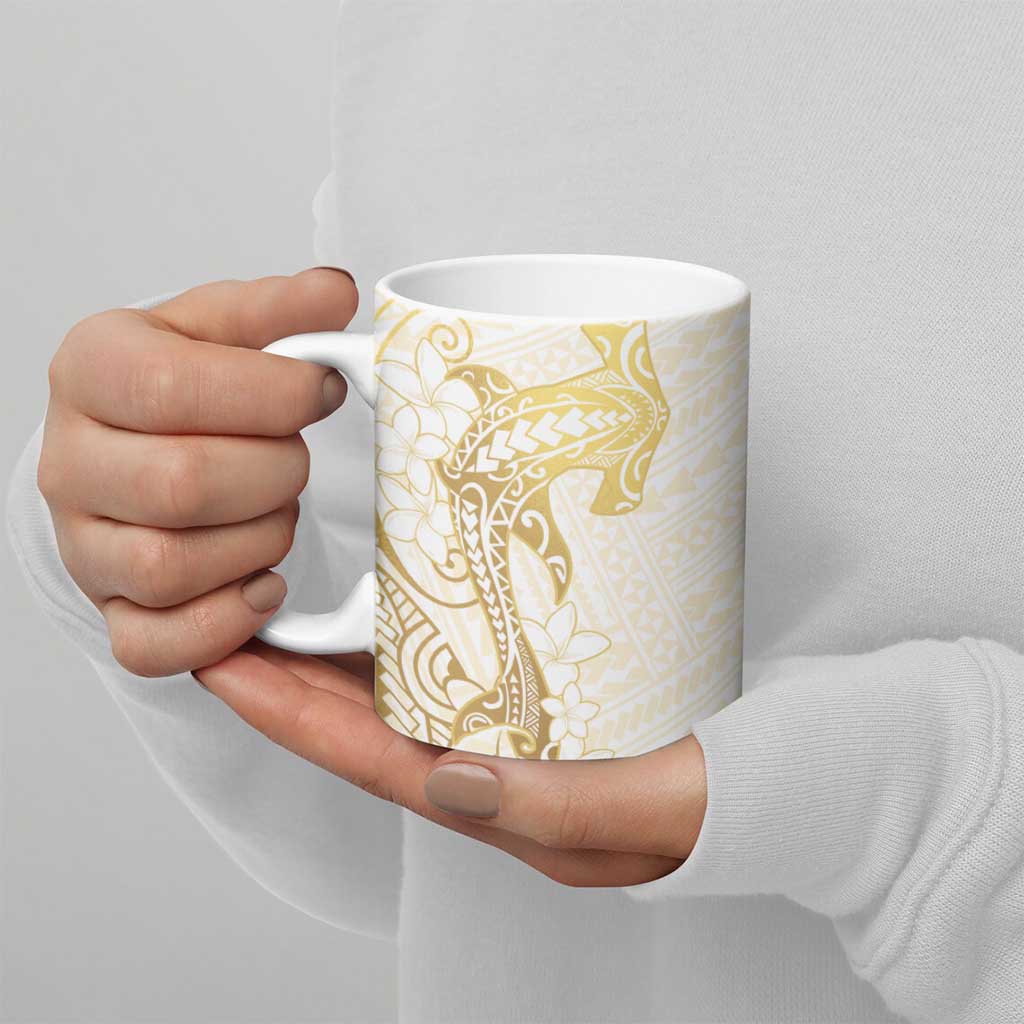 Gold and White Hawaii Ceramic Mug Hammerhead Shark Tattoo Curve Polynesian - Polynesian Pride