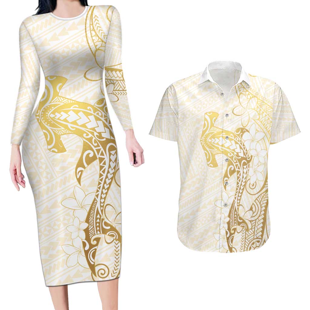 Gold and White Hawaii Couples Matching Long Sleeve Bodycon Dress and Hawaiian Shirt Hammerhead Shark Tattoo Curve Polynesian - Polynesian Pride