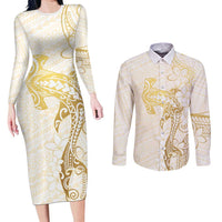 Gold and White Hawaii Couples Matching Long Sleeve Bodycon Dress and Long Sleeve Button Shirt Hammerhead Shark Tattoo Curve Polynesian - Polynesian Pride