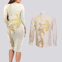 Gold and White Hawaii Couples Matching Long Sleeve Bodycon Dress and Long Sleeve Button Shirt Hammerhead Shark Tattoo Curve Polynesian - Polynesian Pride