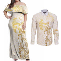 Gold and White Hawaii Couples Matching Off Shoulder Maxi Dress and Long Sleeve Button Shirt Hammerhead Shark Tattoo Curve Polynesian - Polynesian Pride