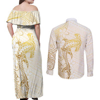Gold and White Hawaii Couples Matching Off Shoulder Maxi Dress and Long Sleeve Button Shirt Hammerhead Shark Tattoo Curve Polynesian - Polynesian Pride