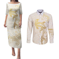 Gold and White Hawaii Couples Matching Puletasi and Long Sleeve Button Shirt Hammerhead Shark Tattoo Curve Polynesian LT14 White - Polynesian Pride
