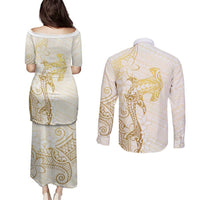 Gold and White Hawaii Couples Matching Puletasi and Long Sleeve Button Shirt Hammerhead Shark Tattoo Curve Polynesian LT14 - Polynesian Pride
