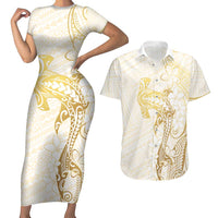 Gold and White Hawaii Couples Matching Short Sleeve Bodycon Dress and Hawaiian Shirt Hammerhead Shark Tattoo Curve Polynesian - Polynesian Pride