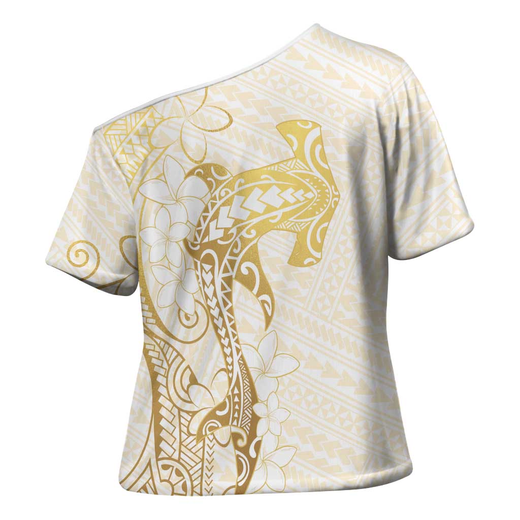 Gold and White Hawaii Cross Shoulder Shirt Hammerhead Shark Tattoo Curve Polynesian LT14 - Polynesian Pride