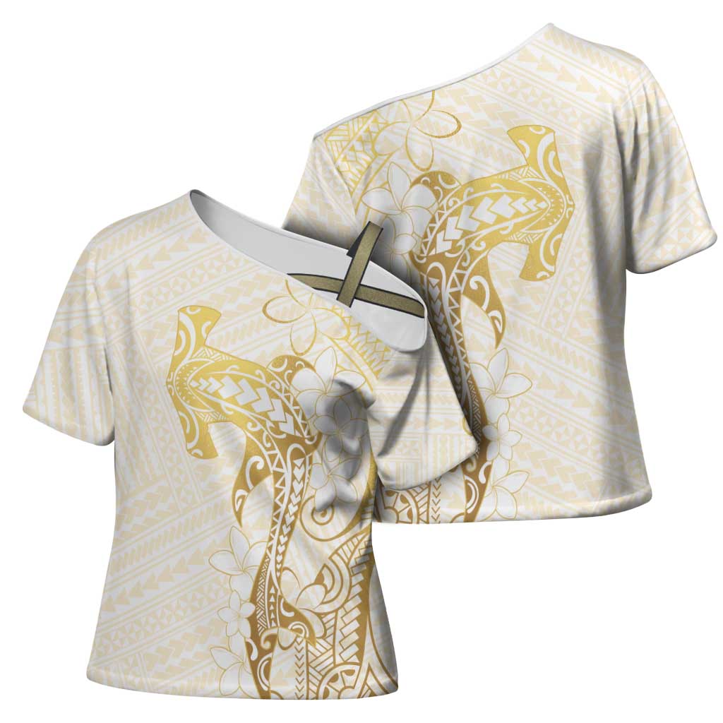 Gold and White Hawaii Cross Shoulder Shirt Hammerhead Shark Tattoo Curve Polynesian LT14 - Polynesian Pride