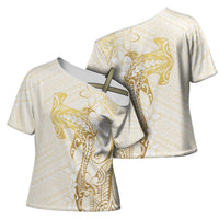 Gold and White Hawaii Cross Shoulder Shirt Hammerhead Shark Tattoo Curve Polynesian LT14 - Polynesian Pride