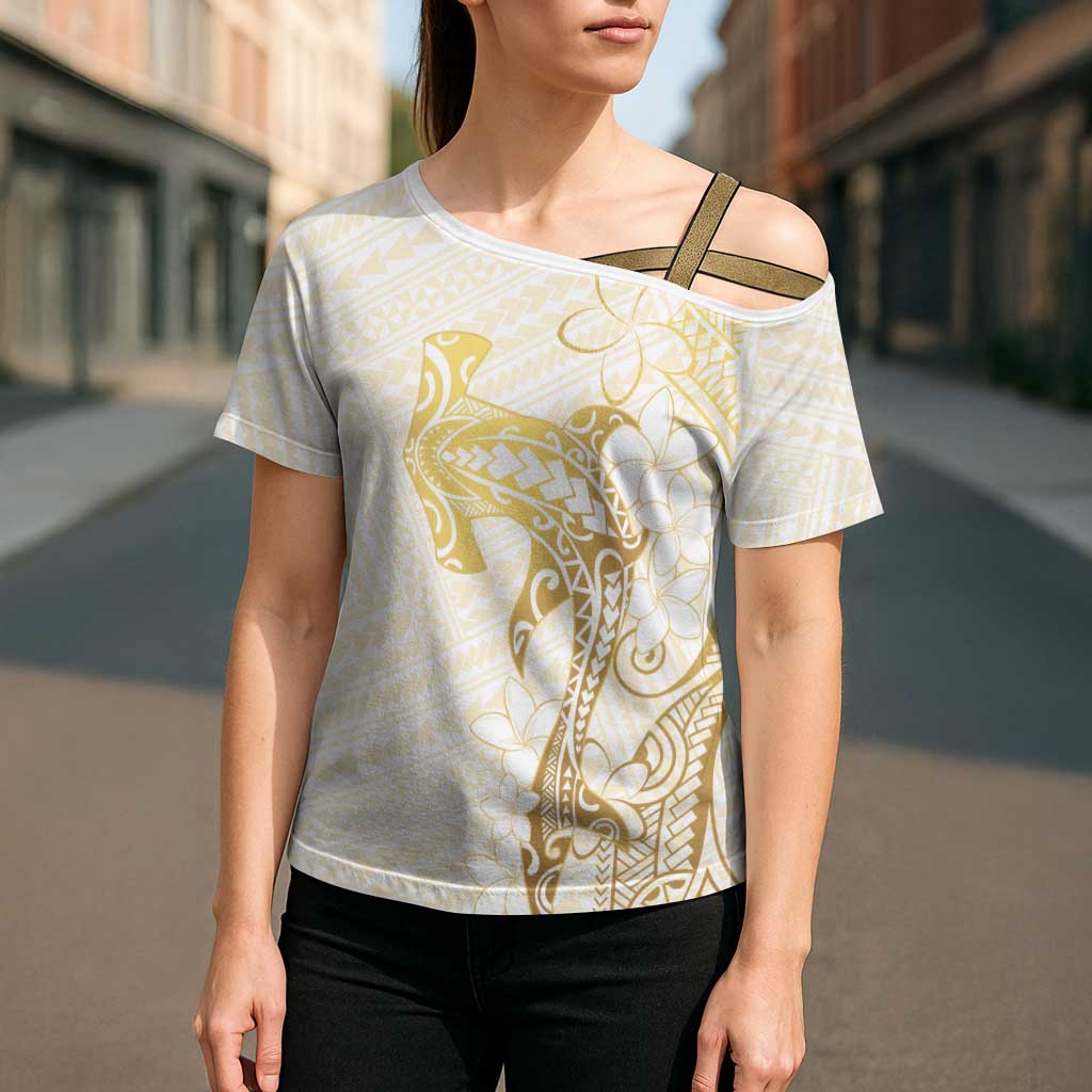 Gold and White Hawaii Cross Shoulder Shirt Hammerhead Shark Tattoo Curve Polynesian LT14 - Polynesian Pride
