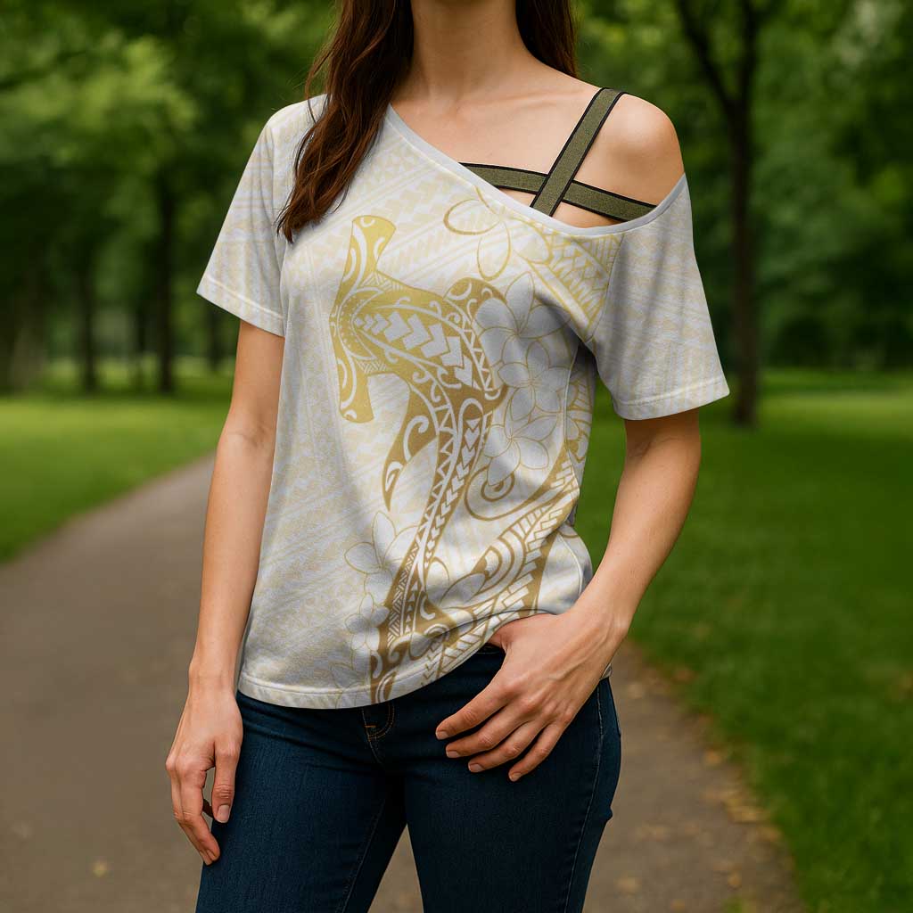 Gold and White Hawaii Cross Shoulder Shirt Hammerhead Shark Tattoo Curve Polynesian LT14 - Polynesian Pride