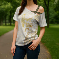 Gold and White Hawaii Cross Shoulder Shirt Hammerhead Shark Tattoo Curve Polynesian LT14 - Polynesian Pride