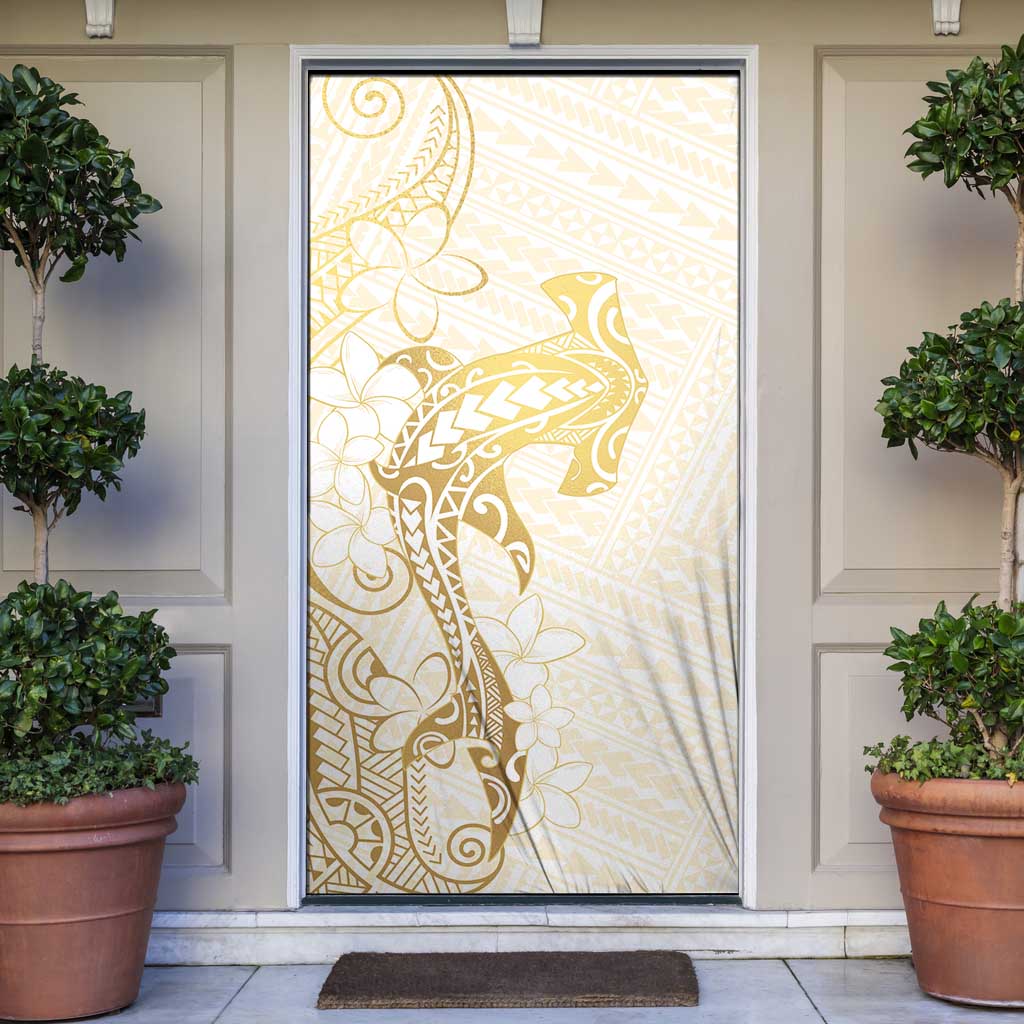 Gold and White Hawaii Door Cover Hammerhead Shark Tattoo Curve Polynesian LT14 White - Polynesian Pride