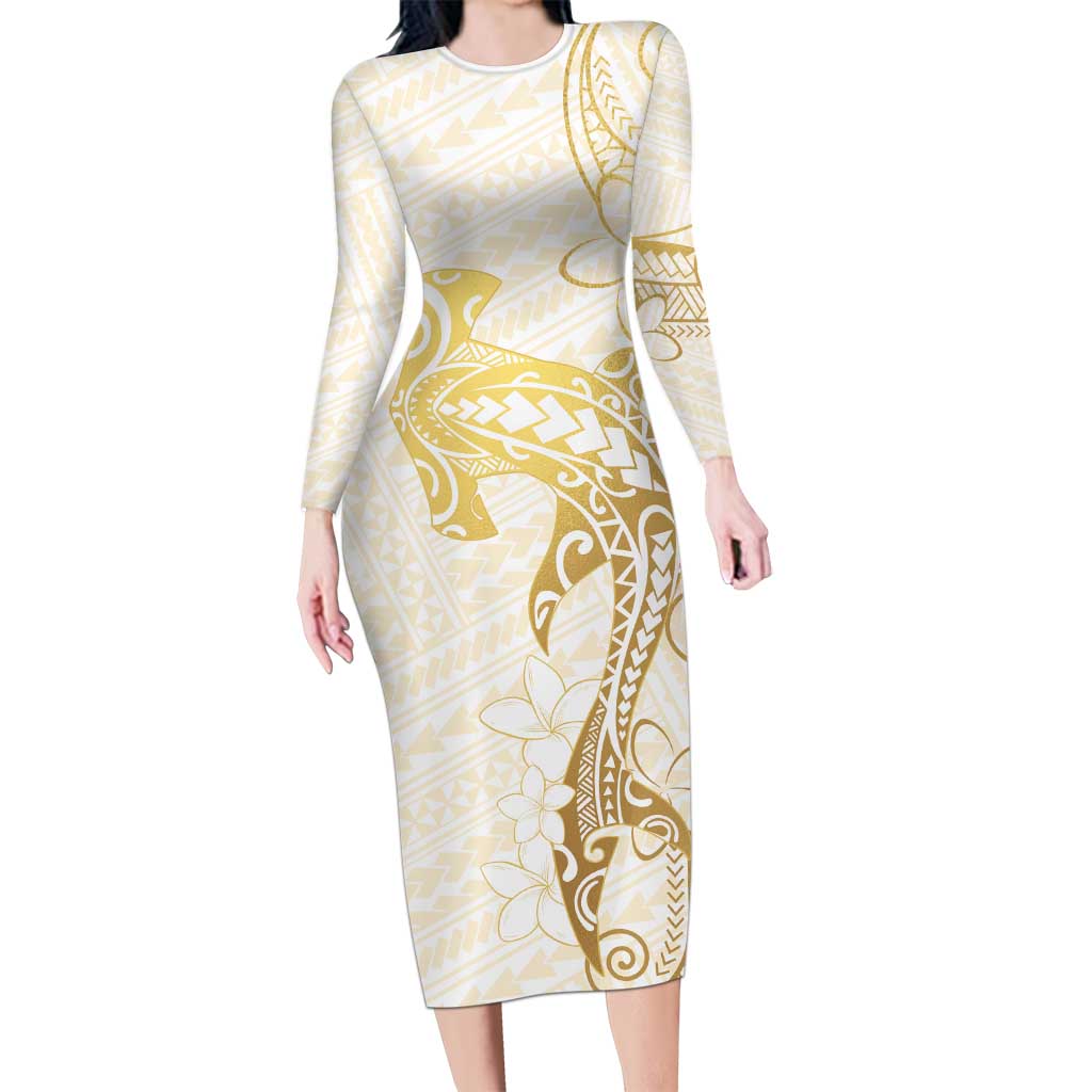 Gold and White Hawaii Family Matching Long Sleeve Bodycon Dress and Hawaiian Shirt Hammerhead Shark Tattoo Curve Polynesian - Polynesian Pride