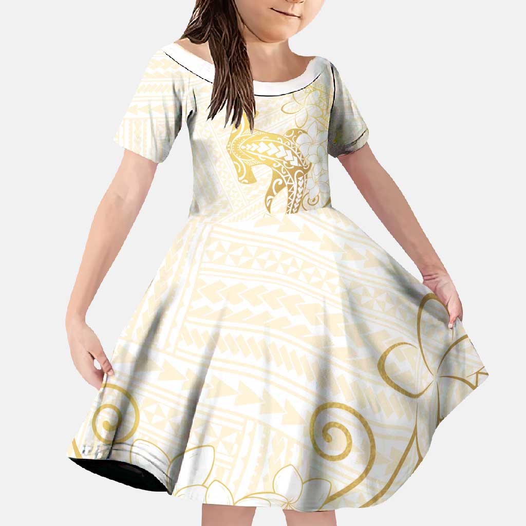 Gold and White Hawaii Family Matching Mermaid Dress and Hawaiian Shirt Hammerhead Shark Tattoo Curve Polynesian - Polynesian Pride