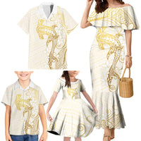 Gold and White Hawaii Family Matching Mermaid Dress and Hawaiian Shirt Hammerhead Shark Tattoo Curve Polynesian - Polynesian Pride