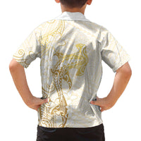 Gold and White Hawaii Family Matching Off The Shoulder Long Sleeve Dress and Hawaiian Shirt Hammerhead Shark Tattoo Curve Polynesian - Polynesian Pride