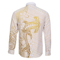 Gold and White Hawaii Family Matching Off The Shoulder Long Sleeve Dress and Hawaiian Shirt Hammerhead Shark Tattoo Curve Polynesian - Polynesian Pride