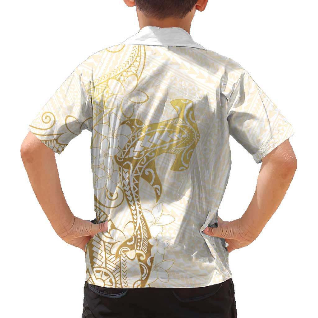 Gold and White Hawaii Family Matching Off Shoulder Short Dress and Hawaiian Shirt Hammerhead Shark Tattoo Curve Polynesian - Polynesian Pride