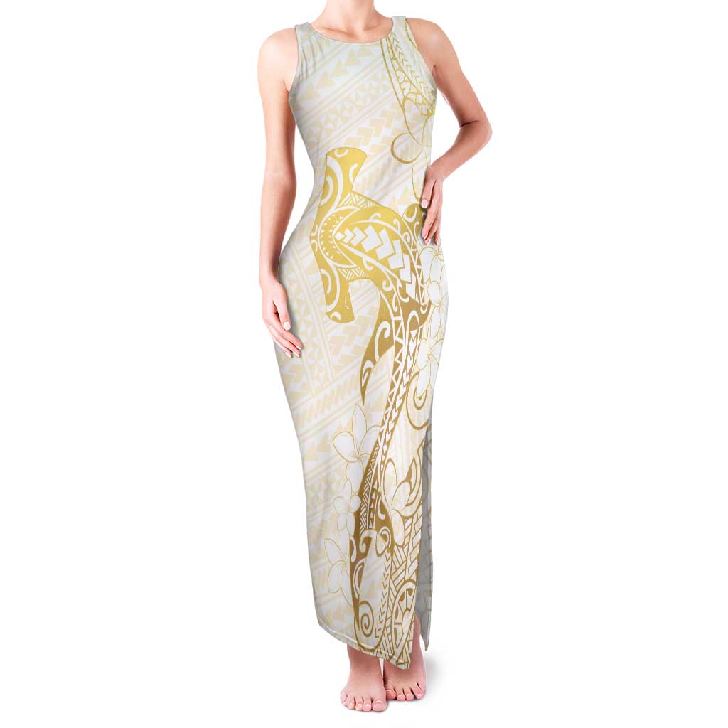 Gold and White Hawaii Family Matching Tank Maxi Dress and Hawaiian Shirt Hammerhead Shark Tattoo Curve Polynesian - Polynesian Pride