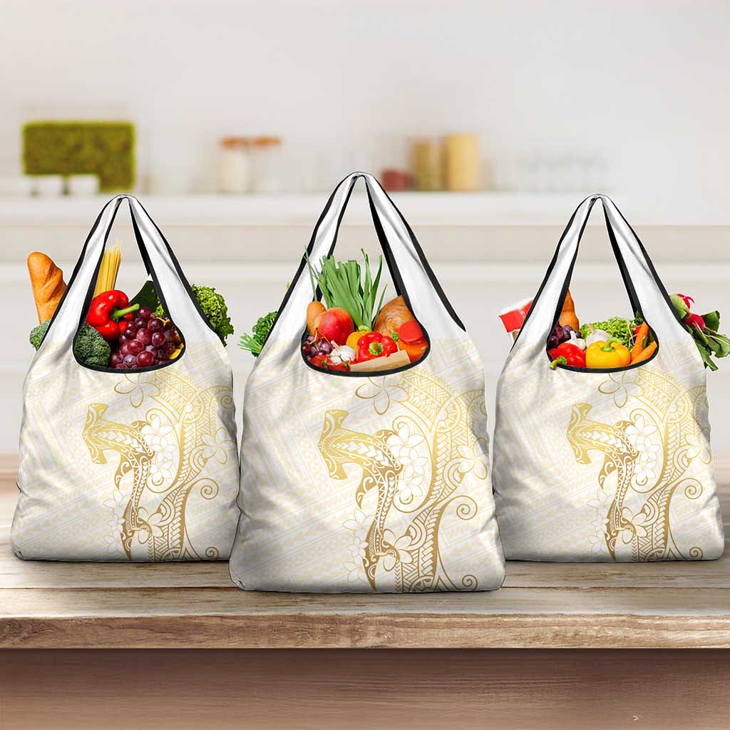 Gold and White Hawaii Grocery Bag Hammerhead Shark Tattoo Curve Polynesian LT14 3-pack One Size White - Polynesian Pride