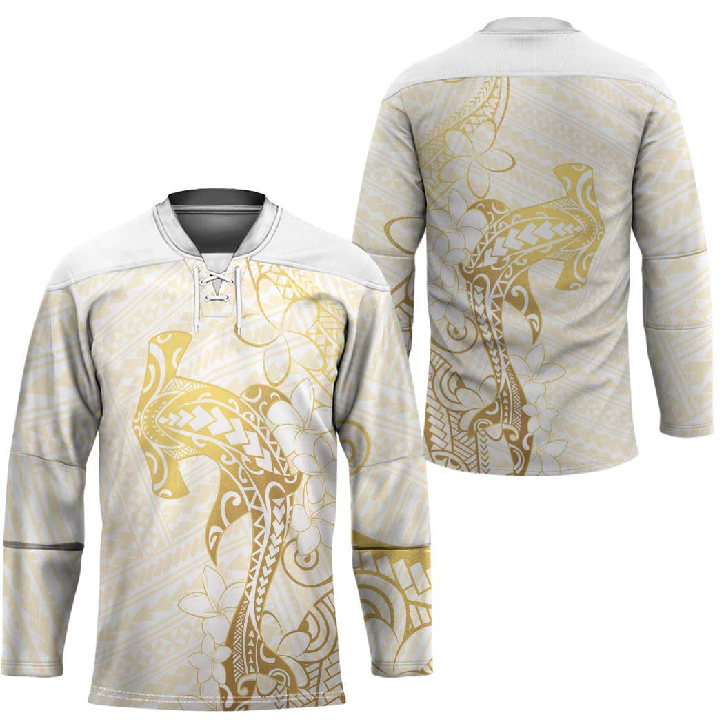 Gold and White Hawaii Hockey Jersey Hammerhead Shark Tattoo Curve Polynesian - Polynesian Pride