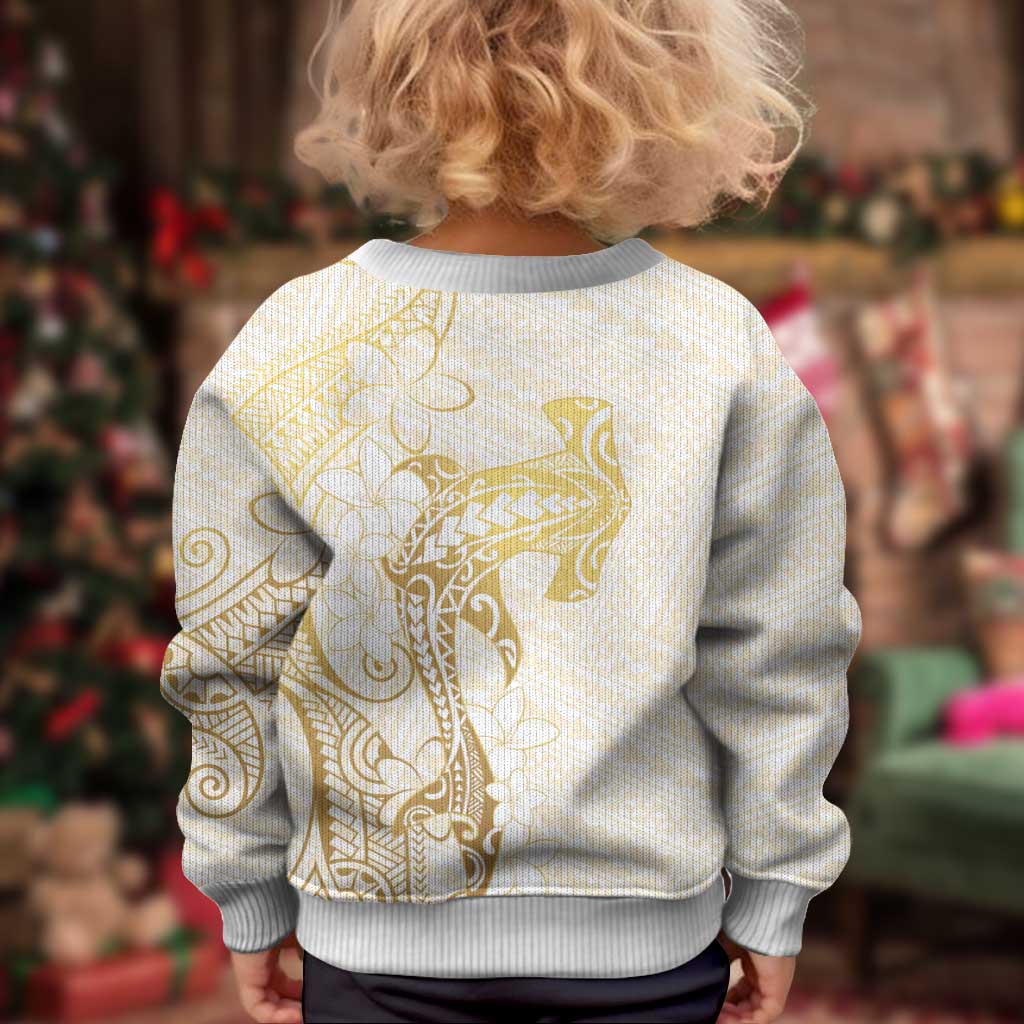 Gold and White Hawaii Kid Ugly Christmas Sweater Hammerhead Shark Tattoo Curve Polynesian - Polynesian Pride