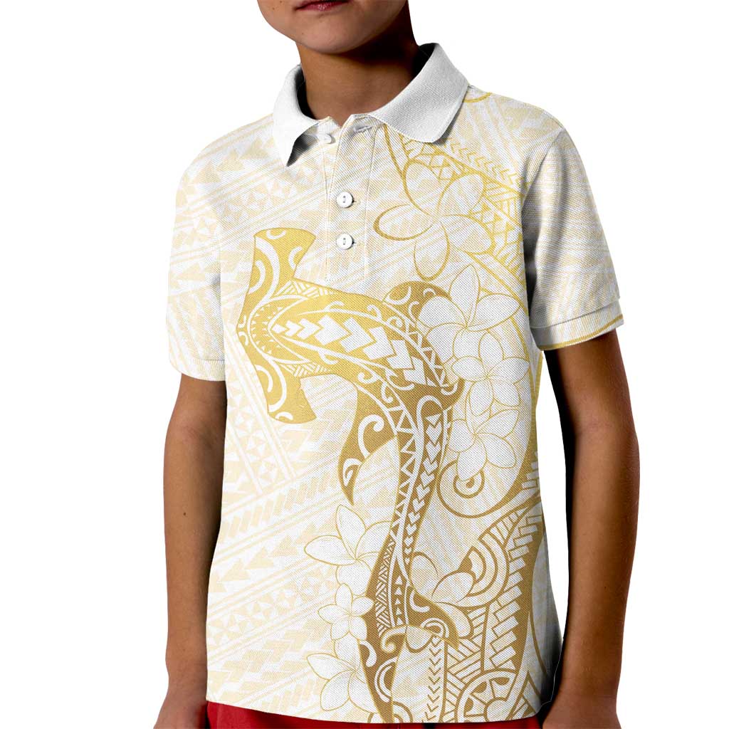 Gold and White Hawaii Kid Polo Shirt Hammerhead Shark Tattoo Curve Polynesian - Polynesian Pride