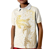 Gold and White Hawaii Kid Polo Shirt Hammerhead Shark Tattoo Curve Polynesian - Polynesian Pride