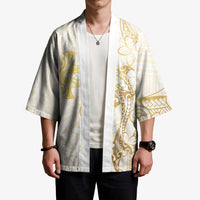 Gold and White Hawaii Kimono Hammerhead Shark Tattoo Curve Polynesian - Polynesian Pride