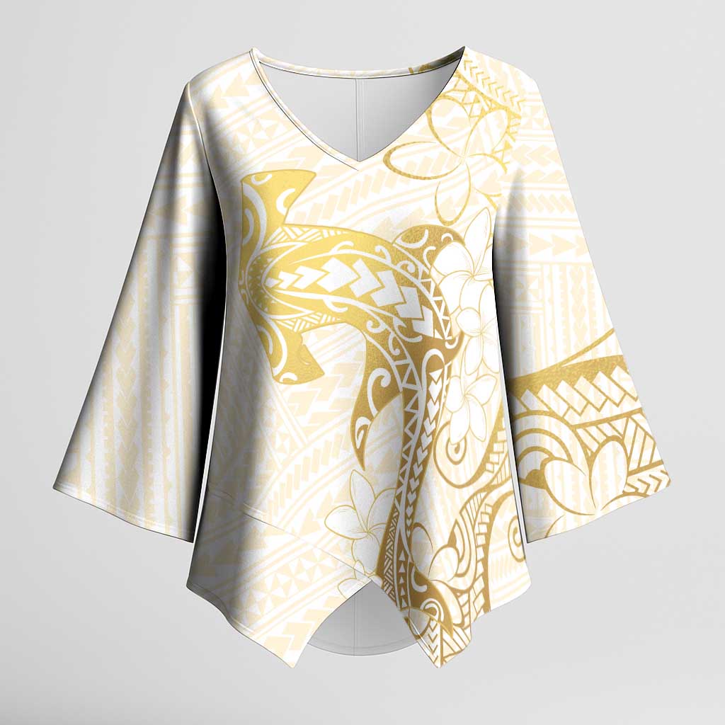 Gold and White Hawaii Kimono Sleeve Blouse Hammerhead Shark Tattoo Curve Polynesian - Polynesian Pride