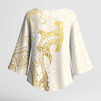 Gold and White Hawaii Kimono Sleeve Blouse Hammerhead Shark Tattoo Curve Polynesian - Polynesian Pride