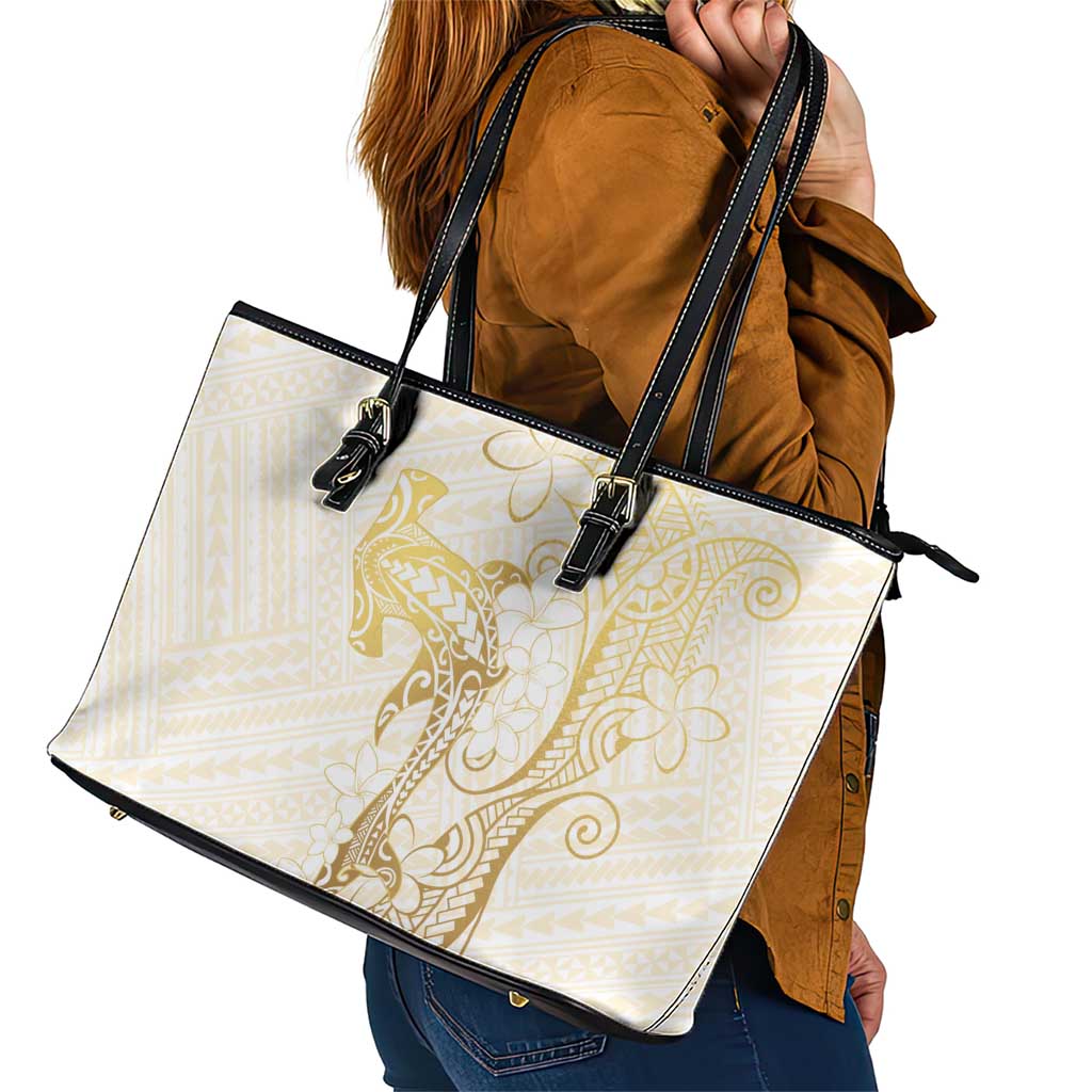 Gold and White Hawaii Leather Tote Bag Hammerhead Shark Tattoo Curve Polynesian - Polynesian Pride