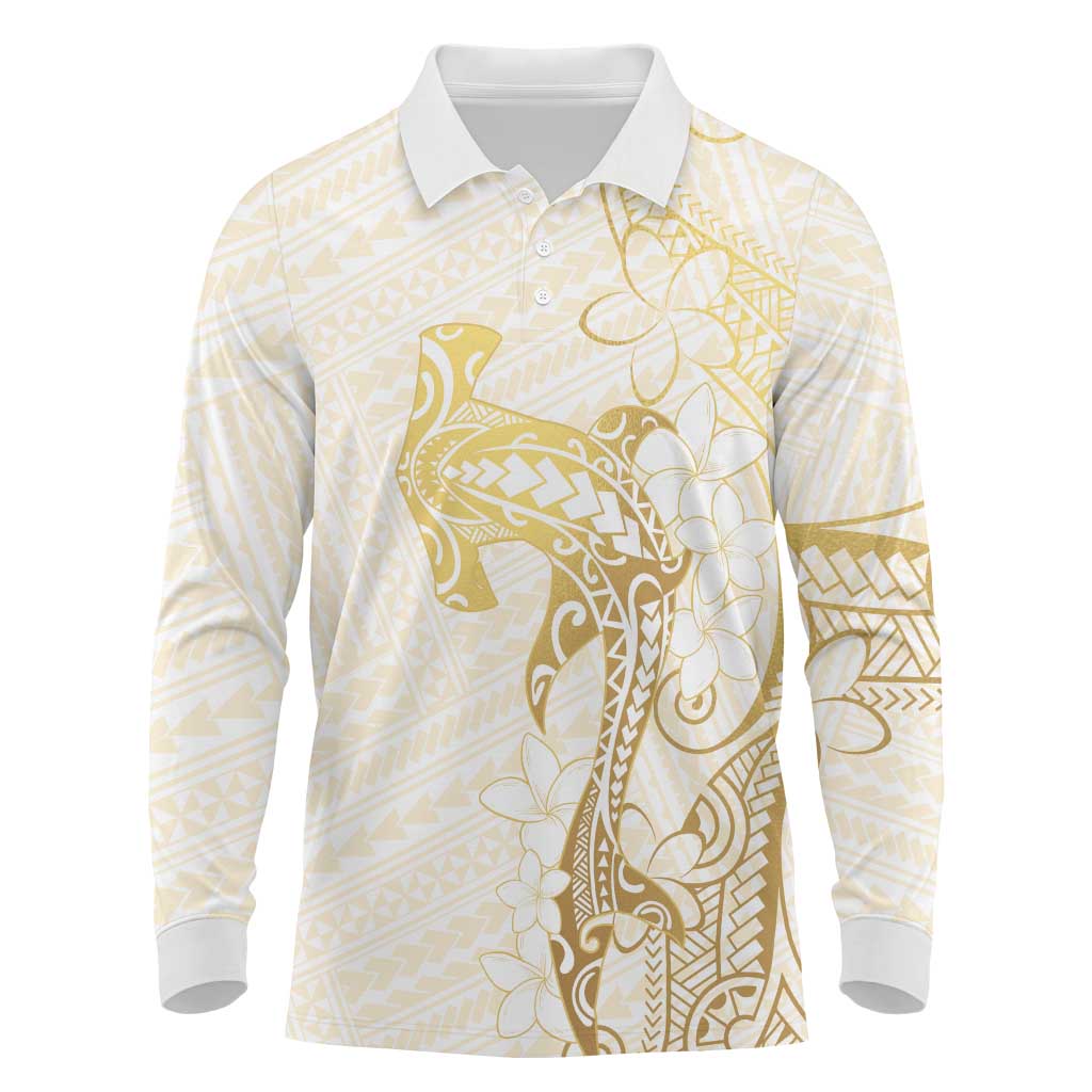Gold and White Hawaii Long Sleeve Polo Shirt Hammerhead Shark Tattoo Curve Polynesian LT14 White - Polynesian Pride
