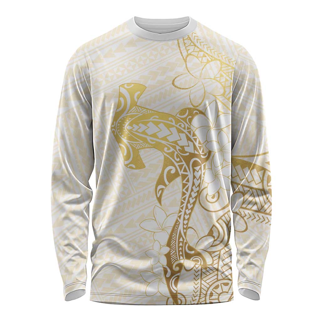 Gold and White Hawaii Long Sleeve Shirt Hammerhead Shark Tattoo Curve Polynesian LT14 Unisex White - Polynesian Pride