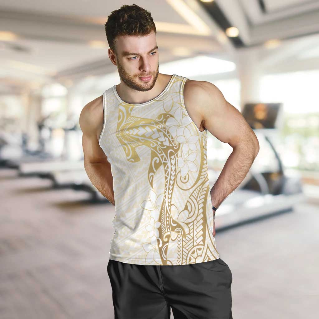 Gold and White Hawaii Men Tank Top Hammerhead Shark Tattoo Curve Polynesian LT14 White - Polynesian Pride
