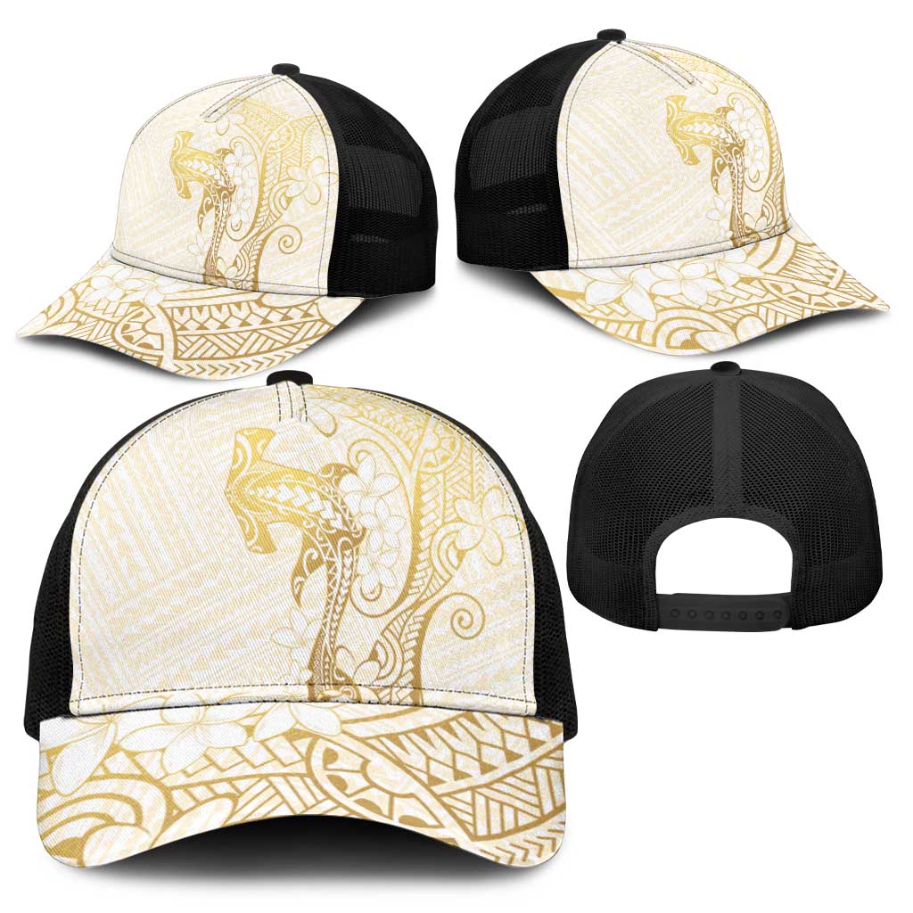 Gold and White Hawaii Mesh Trucker Cap Hammerhead Shark Tattoo Curve Polynesian - Polynesian Pride