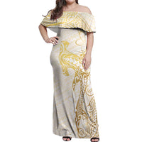 Gold and White Hawaii Off Shoulder Maxi Dress Hammerhead Shark Tattoo Curve Polynesian - Polynesian Pride
