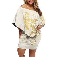 Gold and White Hawaii Off Shoulder Short Dress Hammerhead Shark Tattoo Curve Polynesian - Polynesian Pride