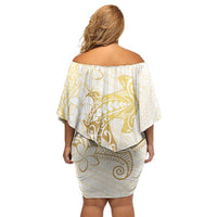Gold and White Hawaii Off Shoulder Short Dress Hammerhead Shark Tattoo Curve Polynesian - Polynesian Pride